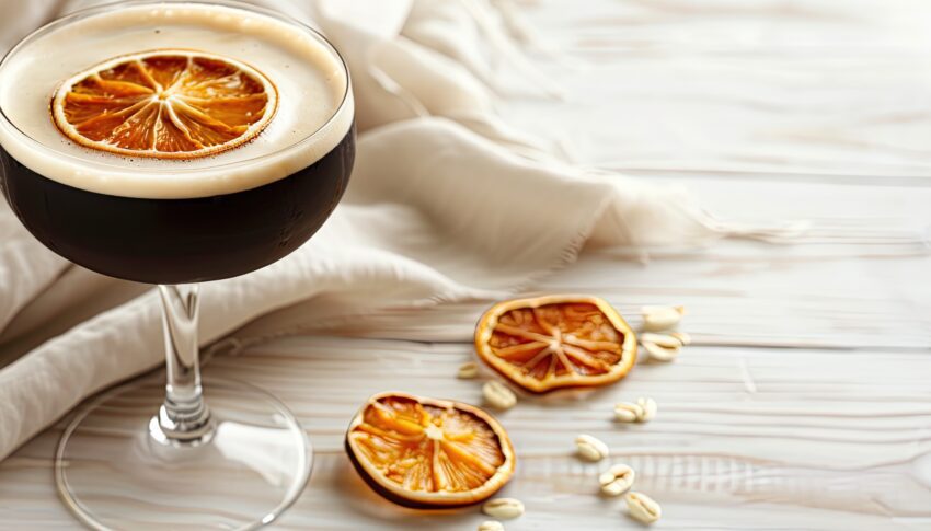 dark coffee cocktail adorned with dried orange slices, draped with fabric, against a white wooden background, perfect for showcasing its sophistication and inviting appeal.