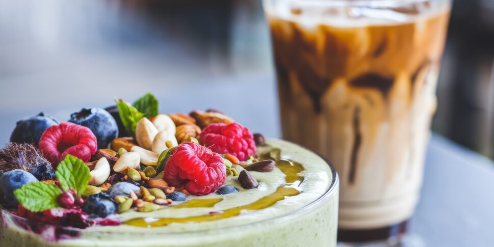 A vibrant smoothie bowl topped with fruits and nuts alongside an iced coffee drink.
