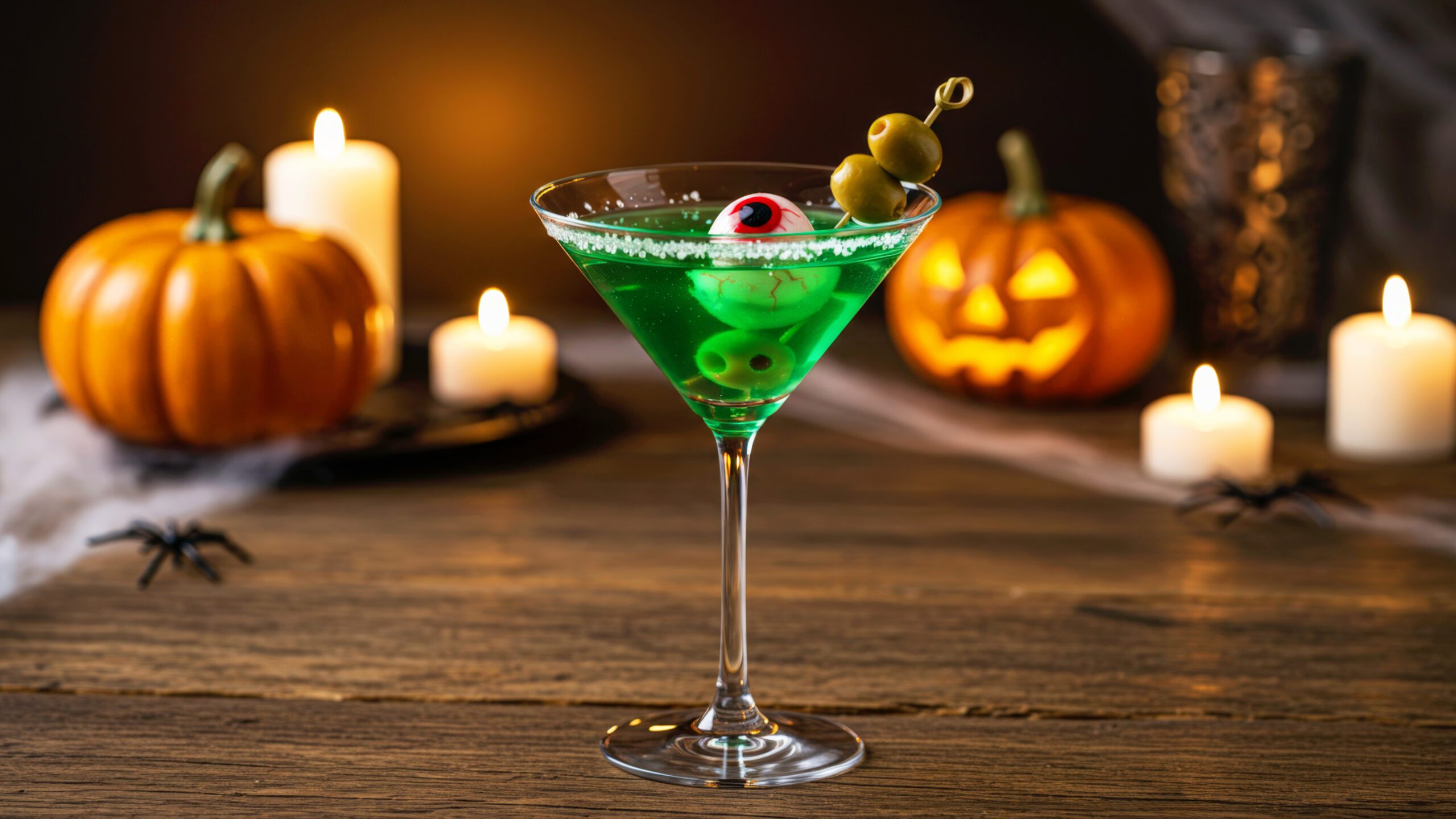 Vihreä Halloween omena drinkki, minkä koristeena karkkisilmä.