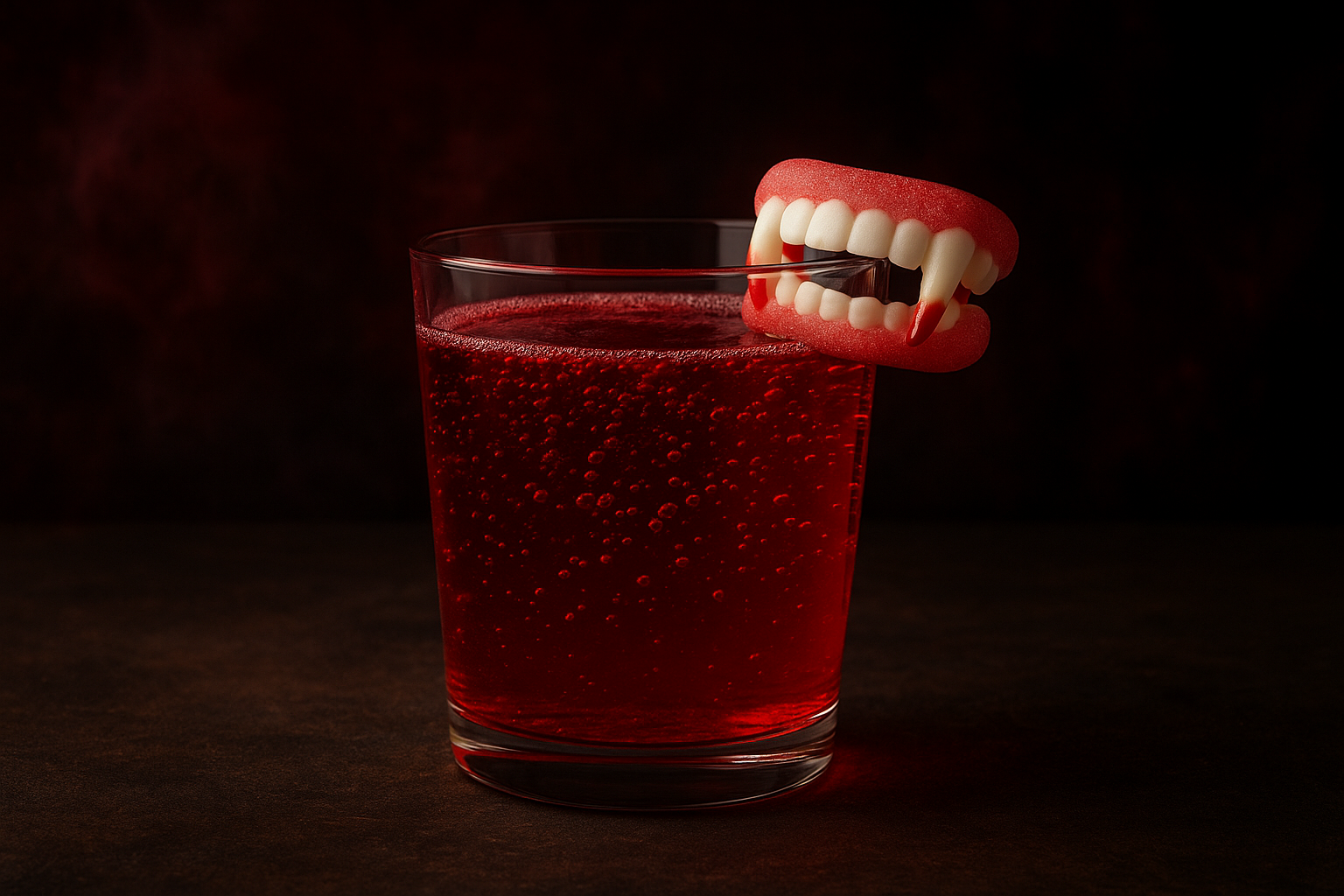 Red drink with vampire teeth candy.